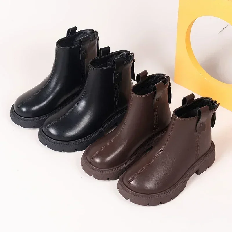 Mädchen Stiefeletten Einfaches Design Klassische Kinder Gummistiefel Rutschfester seitlicher Reißverschluss Schwarz Braun Einfarbig Kinderstiefel Herbst Winter Neu