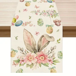 Easter Bunny Colorful Eggs Floral Linen Table Runner Holiday Party Decor Spring Flowers Leaves Table Runners Dresser Scarf Decor