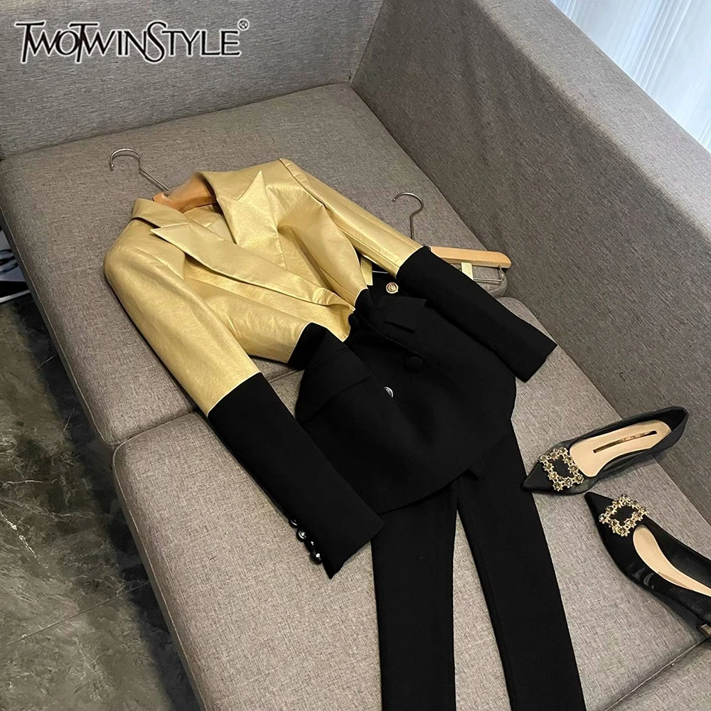 

TWOTWINSTYLE Hit Color Slimming Temperament Jackets For Women Lapel Long Sleeve Autumn Dinner Blazers Female Fahsion KJA552502
