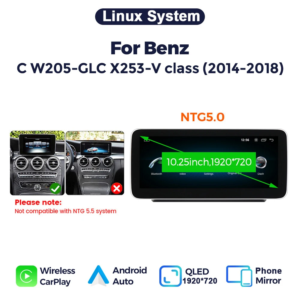 MEKEDE Kabelloses Carplay Linux-Display für Mercedes Benz W205 GLC A C V Klasse W447 CLA GLA 2015-2019 NTG5.0 mit Android Auto Multimedia-Radio-Player 1920*720 Headunit