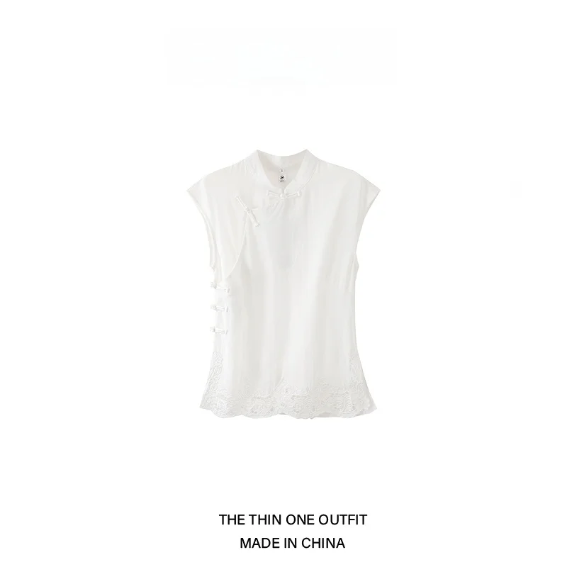 

Новый китайский летний женский топ с вышивкой и пуговицами, свободный крой с воротником-стойкой, традиционный коричневый...