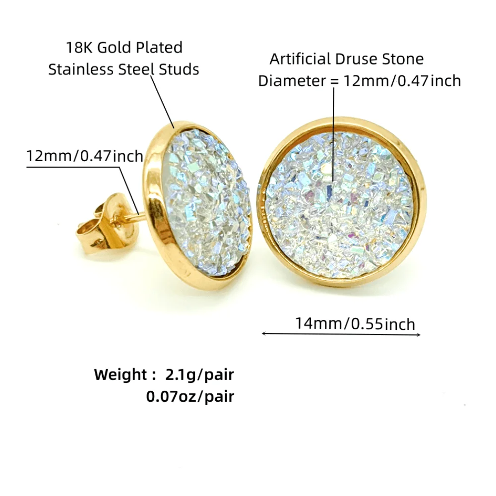 Gold Plated Artificial Druze Earrings for Women Teens,Stainless Steel Drusy Stone Stud Earring,Kpop Y2K Jewelry,Party Gifts