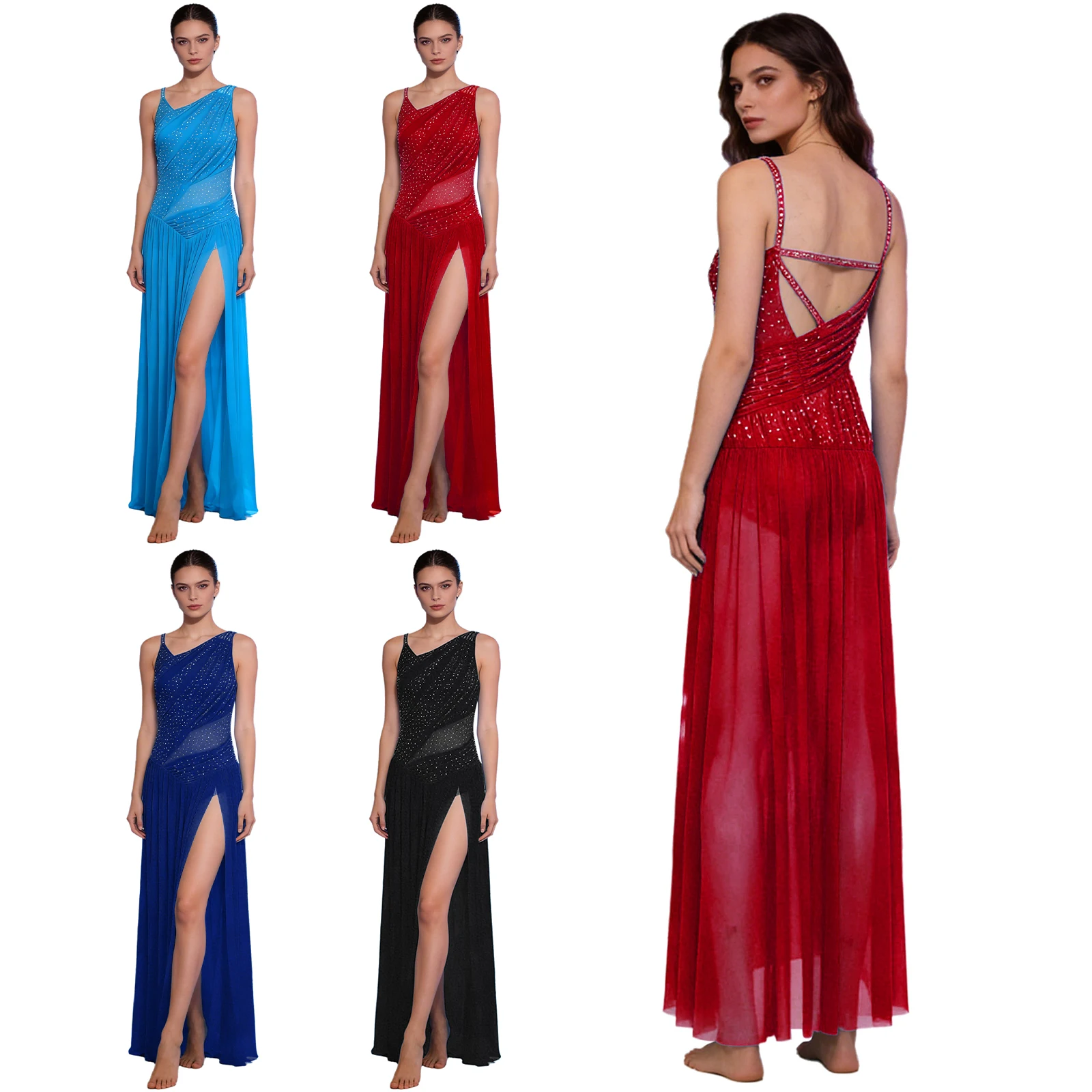 

Women Lyrical Dance Dress Modern Dancing Skating Gymnastics Acrobatics Costume Sleeveless Shiny Rhinestones Mesh Leotard Dresses