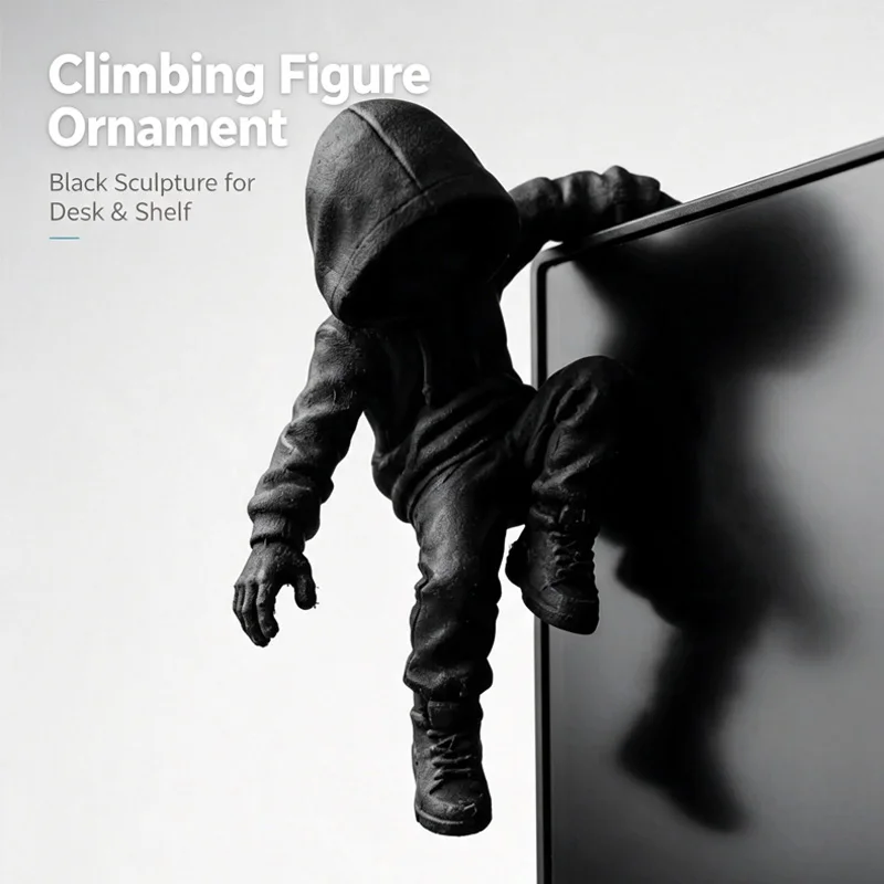 Hooded Climber Monitor Decor Figurine 3D Printed Matte Black Black Hooded Rock Climber Figurine Gaming Setup Urban Style New