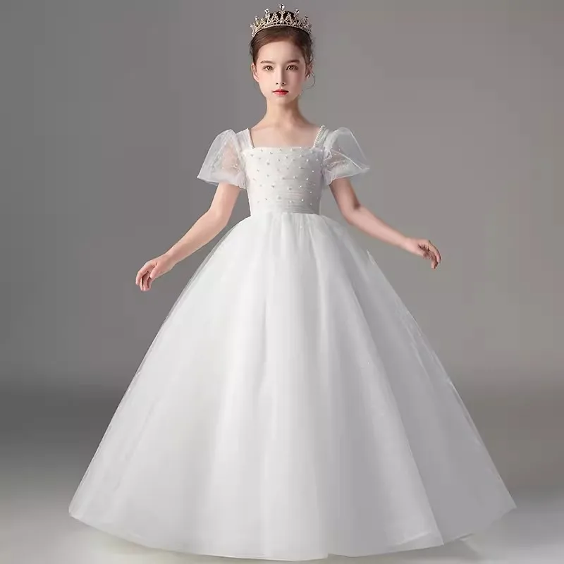 White First Communion Dress for Girls Tutu Princess Beads Dresses Flower Girls Wedding Dress Puffy Sleeve Kids Formal Evening