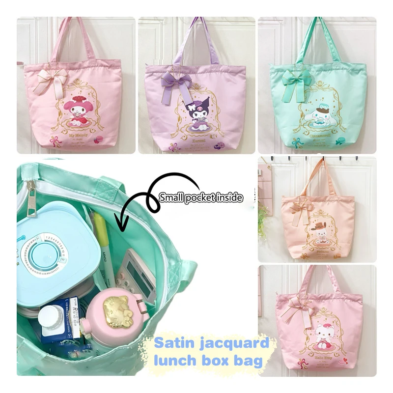 Kawaii Sanrio Hello Kitty Handbag Cinnamoroll Kuromi Melody Bowknot Satin Cosmetic Bag Zipper Storage Bag Lunch Bag