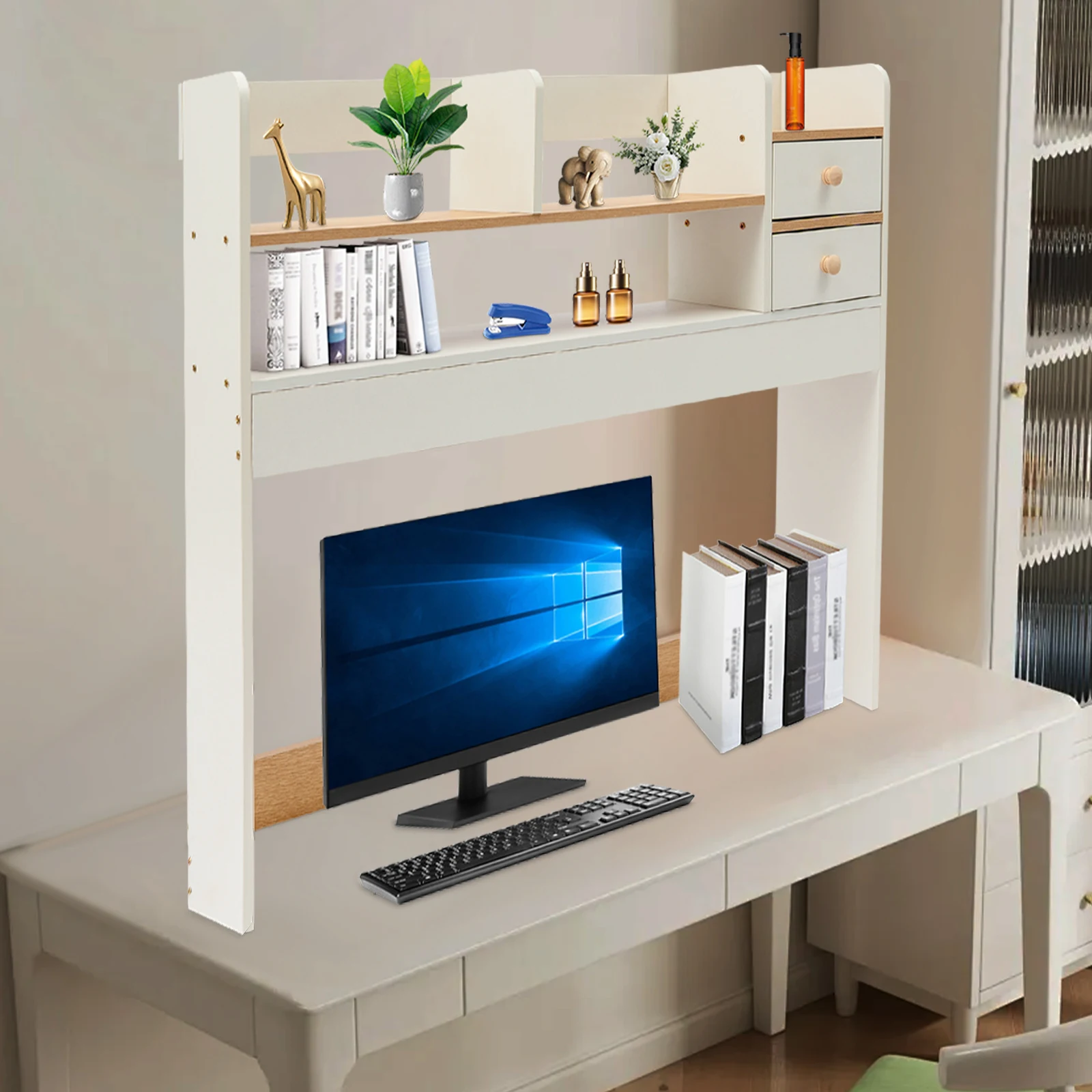 Desktop Shelf Desk Hutch with 5 Shelves for Computer Desk 3 Tier Desk Organizer Display Rack with 2 Drawers Desktop Bookshelf