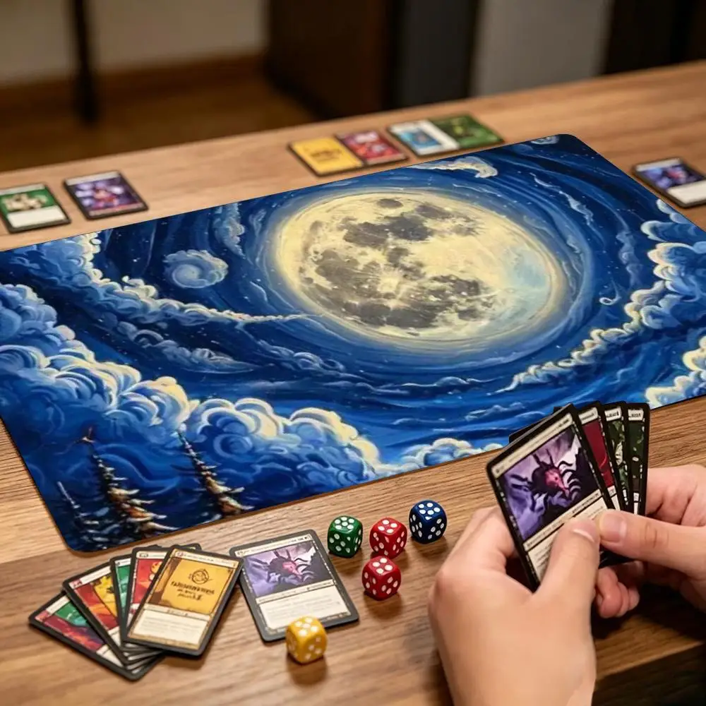 Moonlit Ocean Waves Pattern Game Playmat Non Slip Rubber Smooth Extended Table Mat For Trading Card Game Board Game Enthusiasts
