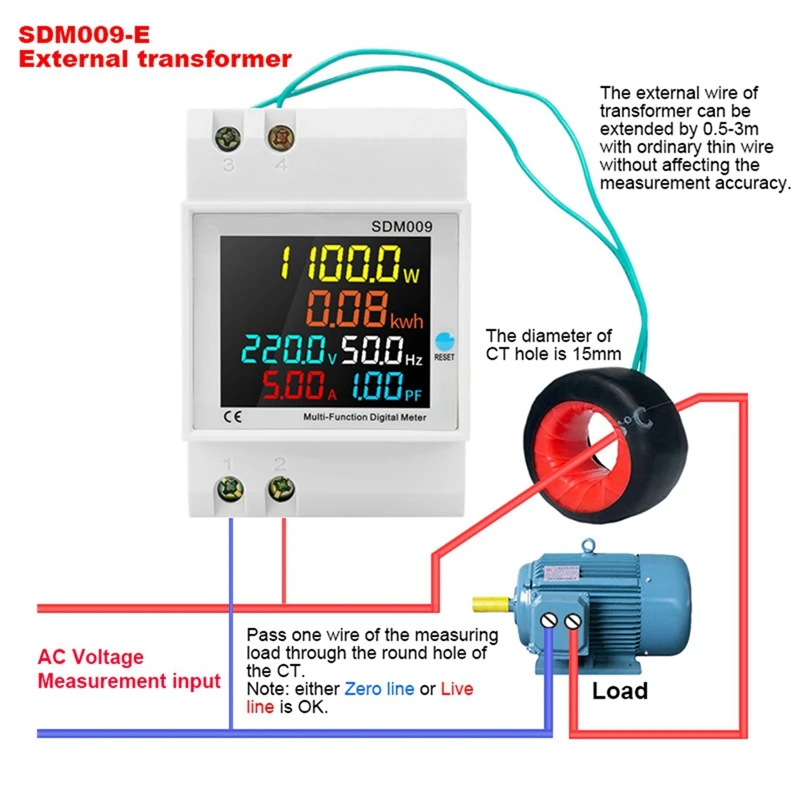 SDM009 Rail Single-Phase Digital Display Voltage Current Frequency Power Factor Electric Multi-Function