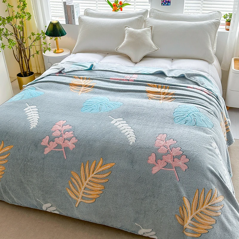 1PC Light Gray Blue Coral Fleece Blanket, Colorful Plant Leaf Pattern All-Season Warm Soft Skin-Friendly Bedding