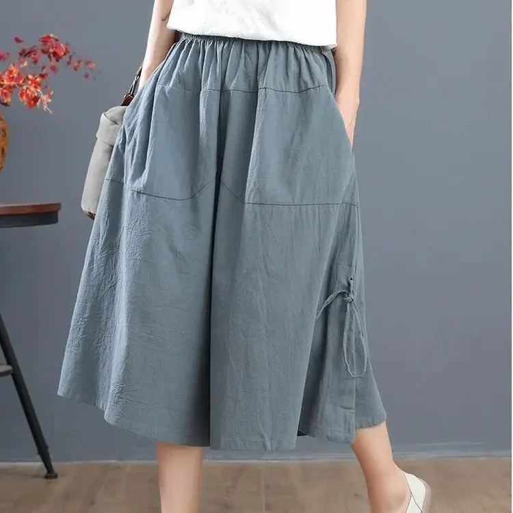 

New Summer Loose Bloomers Casual Elastic Waist Wide Leg Pants Large Size Middle Waist Women's Solid Color Culottes Cropped Pants