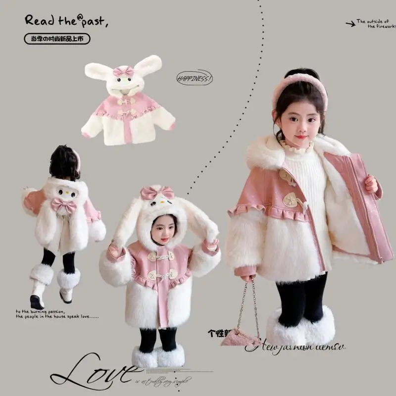 

Sanrio My Melody Girls' Winter Fleece-Lined Jacket Warm Coat Kid Hooded Jacket Children's Thicken Outerwear Ooded Parka Snowsuit