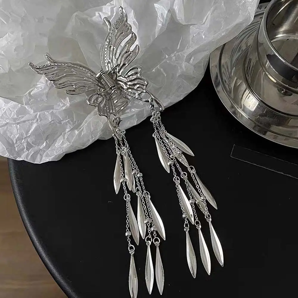 Ethnic Style Butterfly Tassel Hair Claw Mid Size Silver Color Metal Shark Clip Leaf Korean Style Chinese Butterfly Hairpins