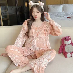 Pajama Set Women's Velvet Long Sleeve Lace Sweet Princess Palace Style Sleepwear Home Wear Loose Casual Nightwear Velour Pijama