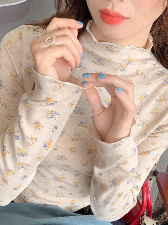 

Ele Wooden Velvet Long Sve Женская футболка Winter Floral f Высокий воротник Slim Fit Base irt Корейский Sle Commute