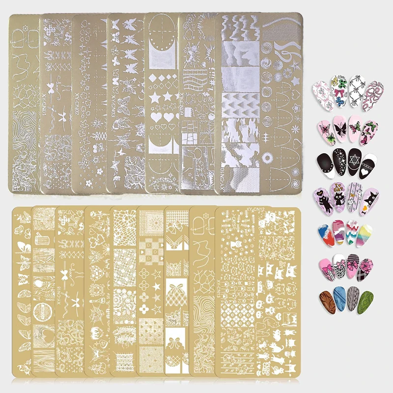12x6cm Golden Rectangular Nail Stamping Plates Bowknot Butterfly Flower Cat Designs Nail Art Template For DIY Nail Decor Stencil