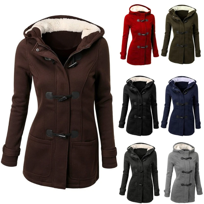 

Womens Fashion Horn Button Fleece Thicken Coat with Hood Winter Warm Jackets N7YF