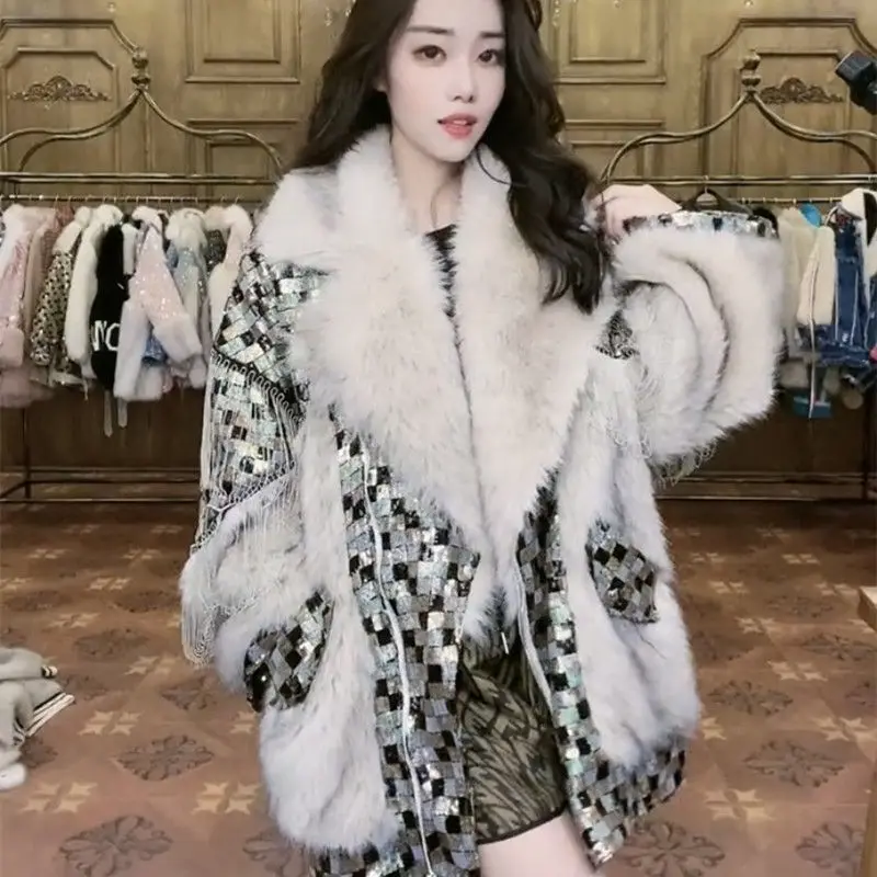 New Winter Clothes Women\'s Faux Toka Fur Integrated Coat Fashion Patchwork Tassel Sequin Warm Lamb Wool Fur Jacket Outwear