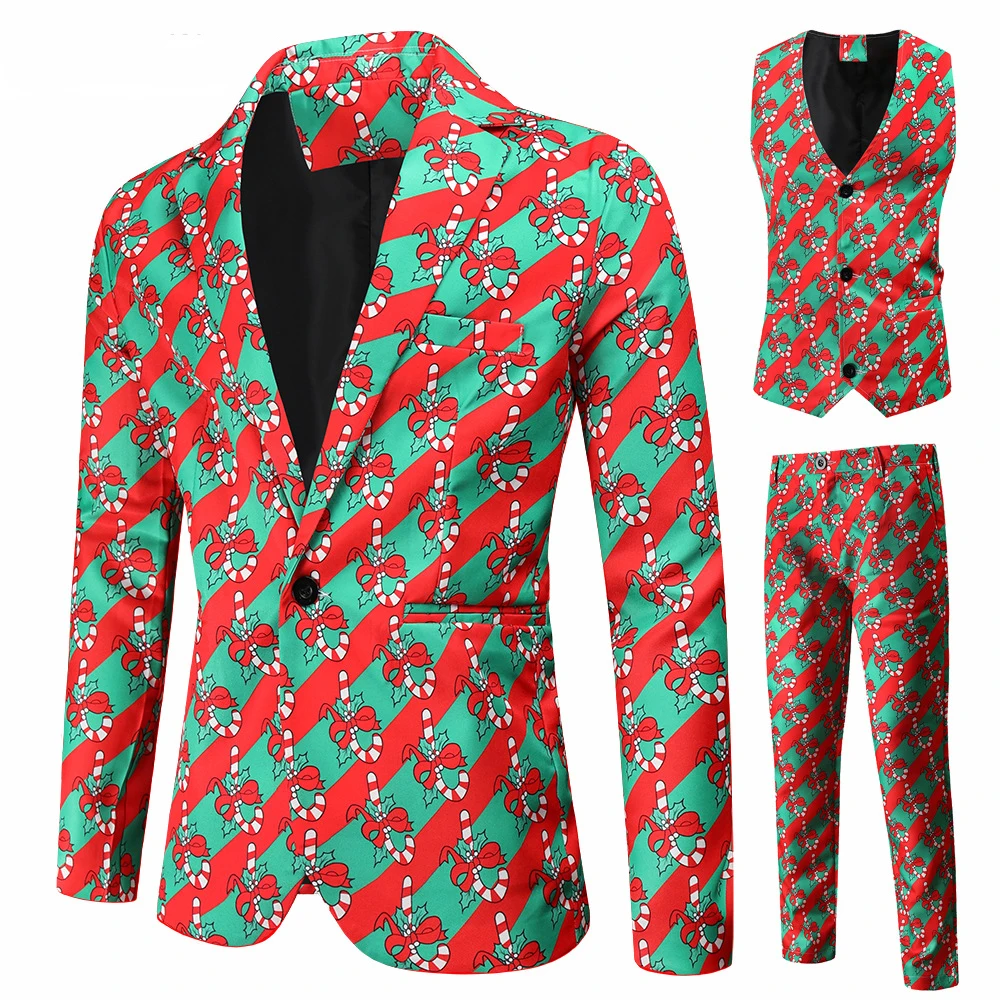 3 Piece Men Christmas Suit 3D Print Single-Button Blazer Sets with Vest Trousers Fashion Casual Men's Clothing for Xmas