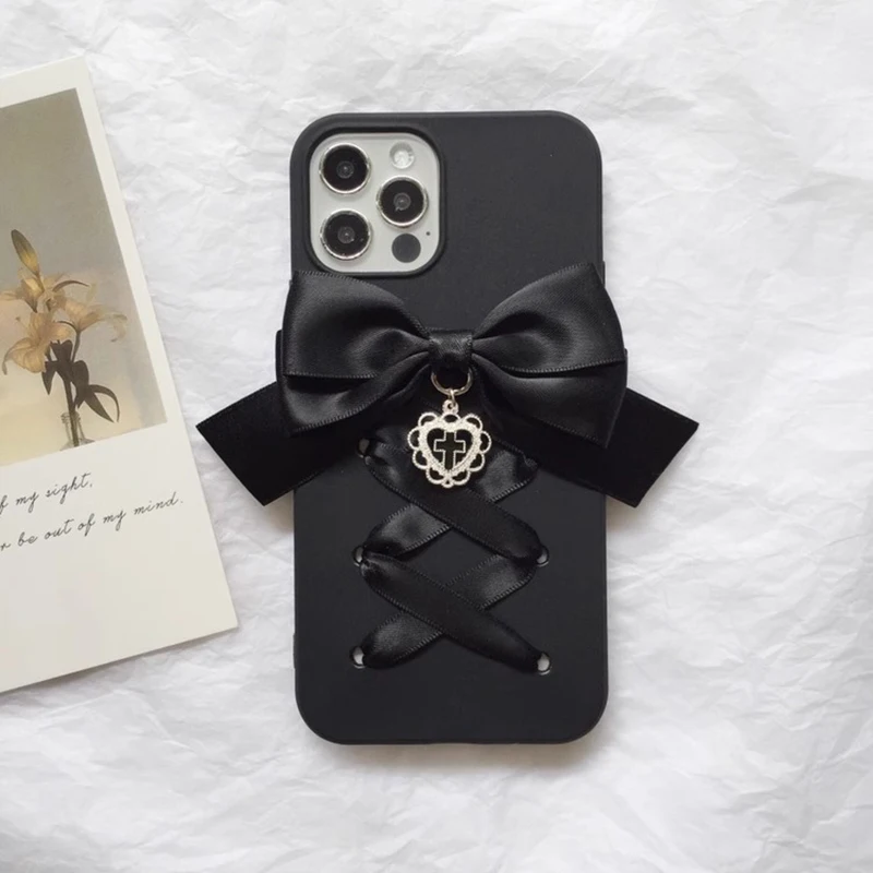 Harajuku كول الأسود الشريط Bowknot اليدوية جراب هاتف آيفون 1615 14 13 12 برو ماكس X XS XR غالاكسي القوطية Y2k غطاء أسود #1