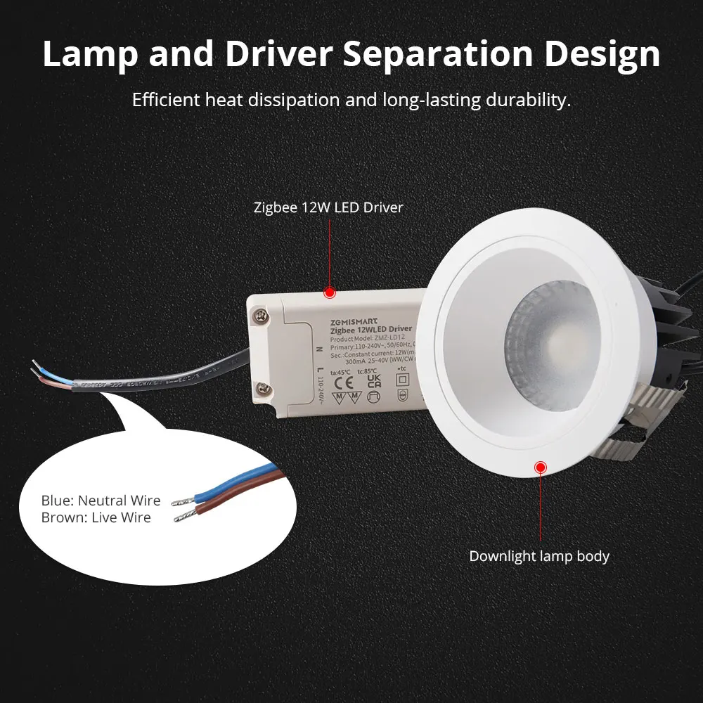 Zemismart Zigbee LED النازل IP44 CCT 12W ضوء عكس الضوء المضادة للوهج 60 درجة شعاع زاوية يعمل مع تطبيق Tuya Smart Life