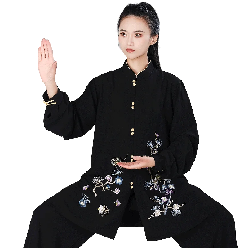 Embroidered Stretch Pearl Cotton Tai Chi Suit for Women – Mid-Length New Chinese Style Performance & Morning Practice Uniform