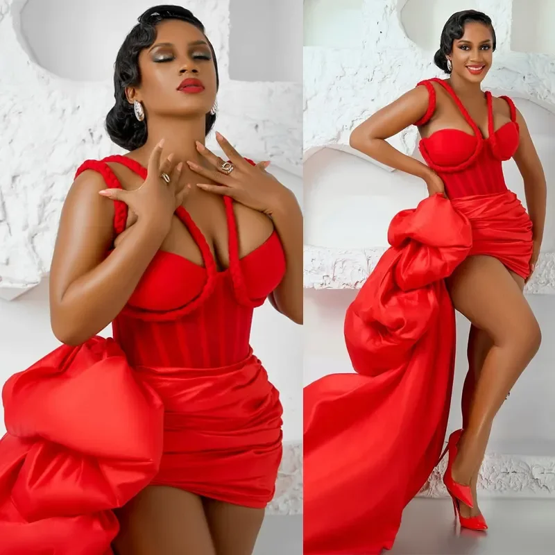 Red Corset Short Prom Dress With Detachable Train Spaghetti Straps African Women Formal Evening Party Cocktail Dress Customized