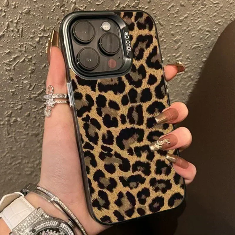 

Brown Leopard Anti-drop Armour Phone Case For iPhone 15 Pro Max 14 13 12 11 Pro X XR XS 7 8 Plus Lens Protect Plating Cover