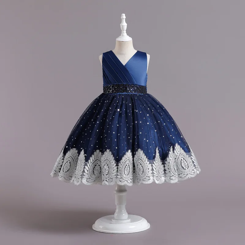 

Elegant Girls Embroidery V-Neck Lace Tulle Princess Dress For Children Wedding Birthday Party Ceremony Pageant Performance Gown