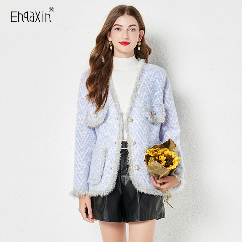 EHQAXIN Fashion Womens Sweater Cardigan Coat Casual Autumn Winter Loose Tassel Panel V-Neck Button Thickened Cardigan Coats S-XL