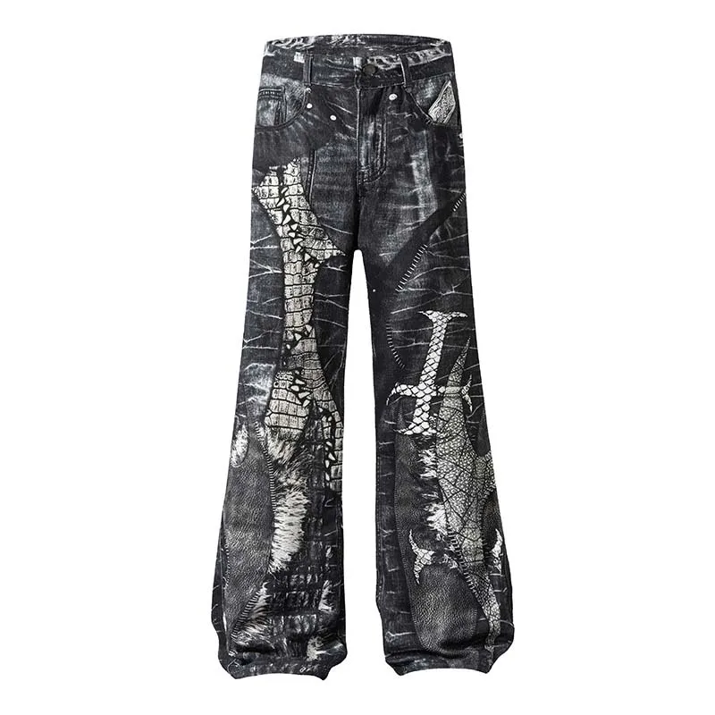 Men's Fashion High Street Baggy Hip Hop Jeans Pants Streetwear 3D Printed Denim Trousers Loose Fit Y2K Painted Cowboy Bottoms