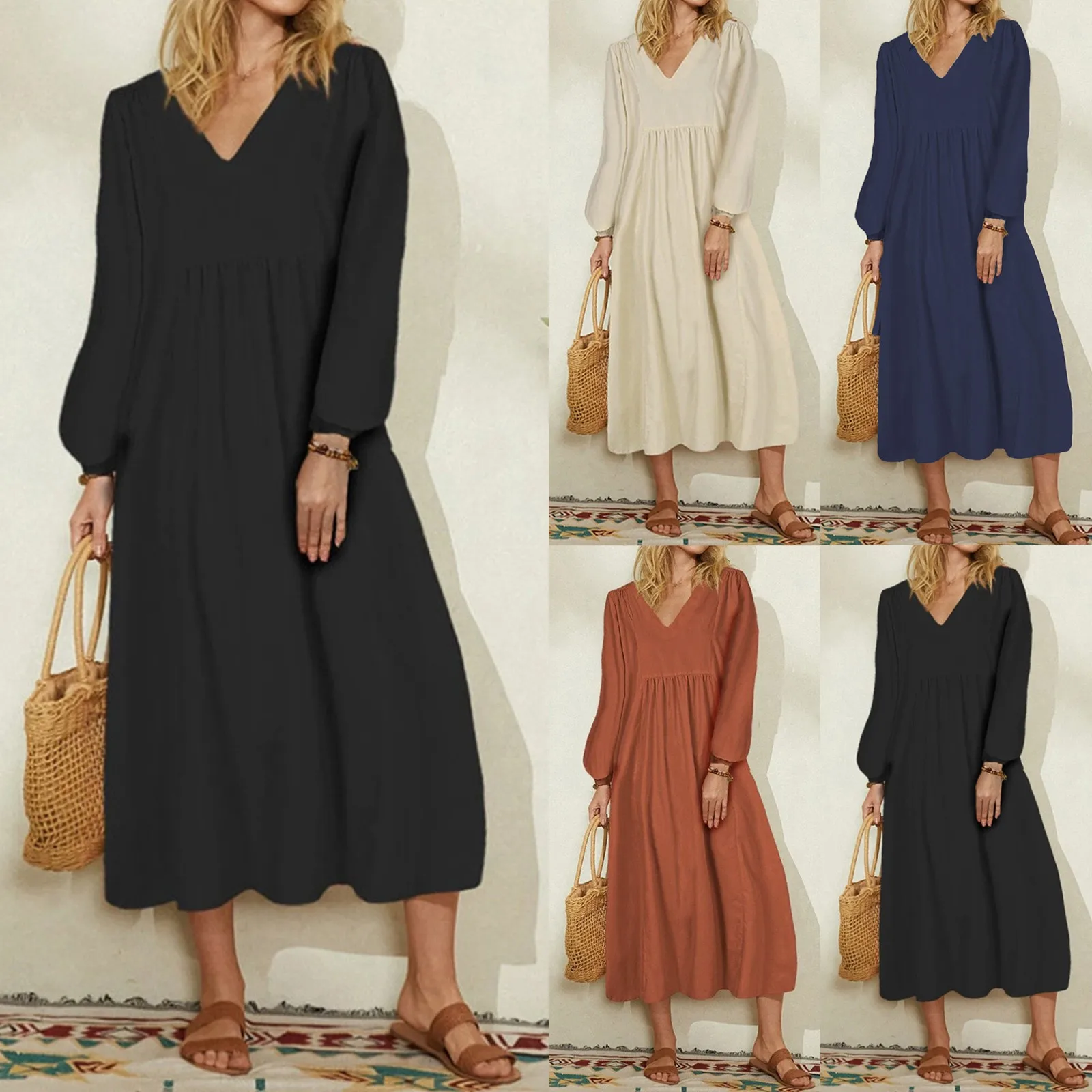 2024 High-quality Летнее платье Women\'s Summer And Autumn Minimalist V-neck Cotton Linen Loose Sleeves Long Sleeve Dress