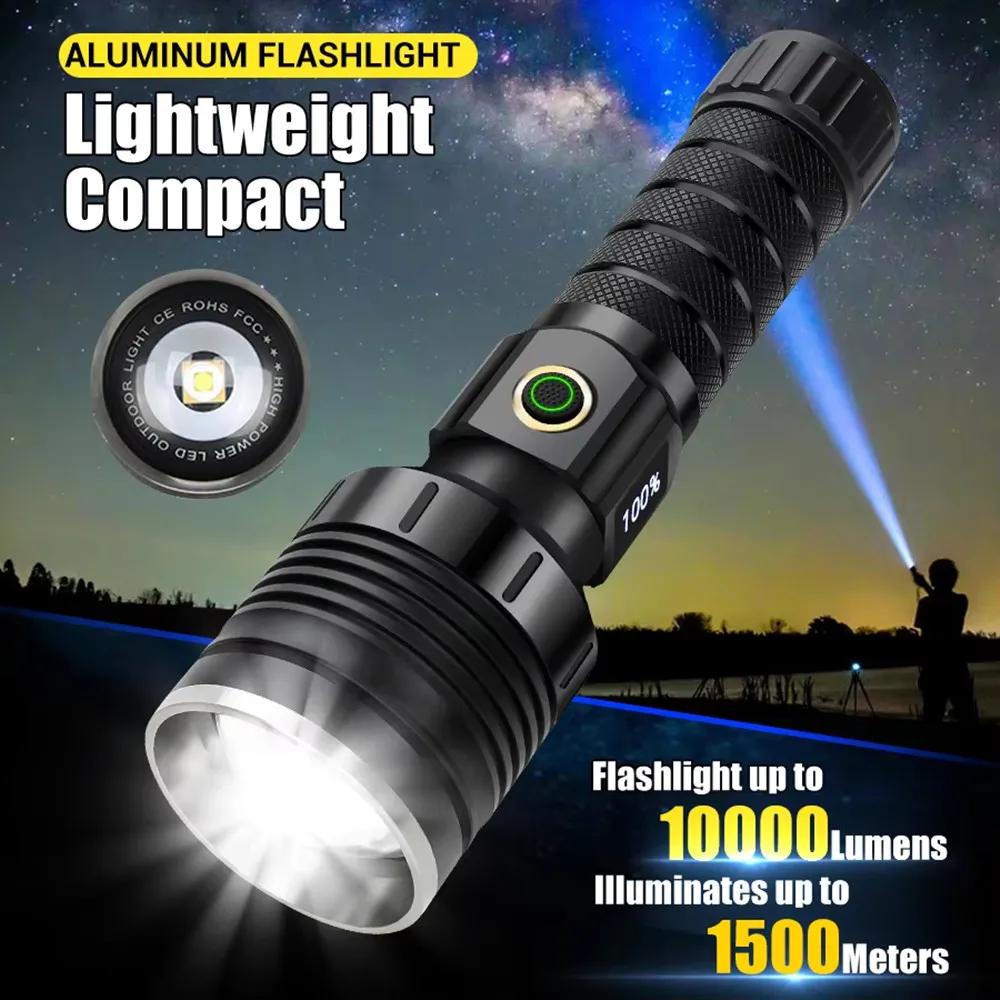 Powerful  Spotlight Long Range LED Flashlight Type-C Rechargeable Telescopic Zoom Focusing Spotlight Lamp Super Bright Tactical