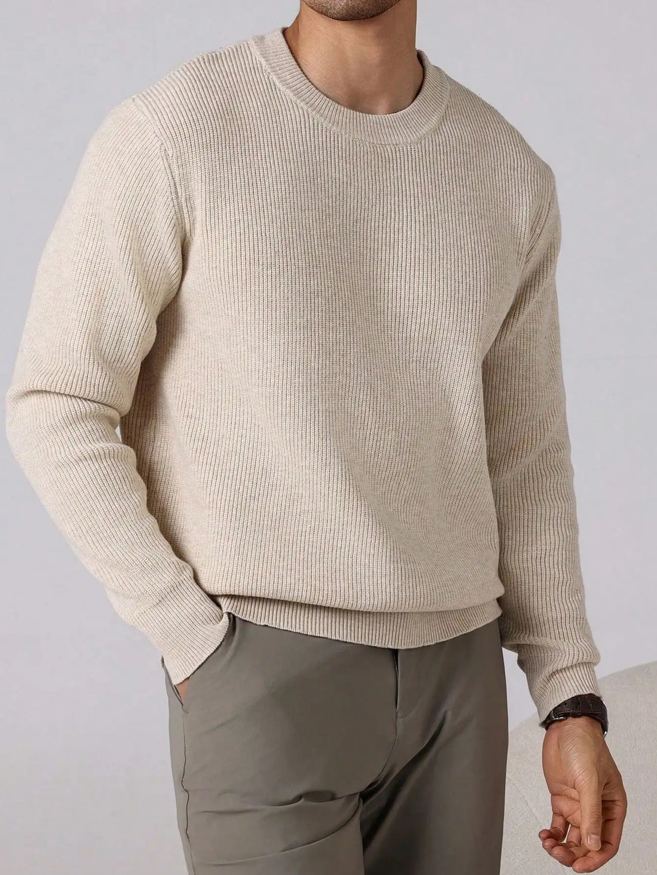 

Men's Beige Ribbed Crew Neck Long Sleeve Pullover Sweater for Casual Fall Winter Wear