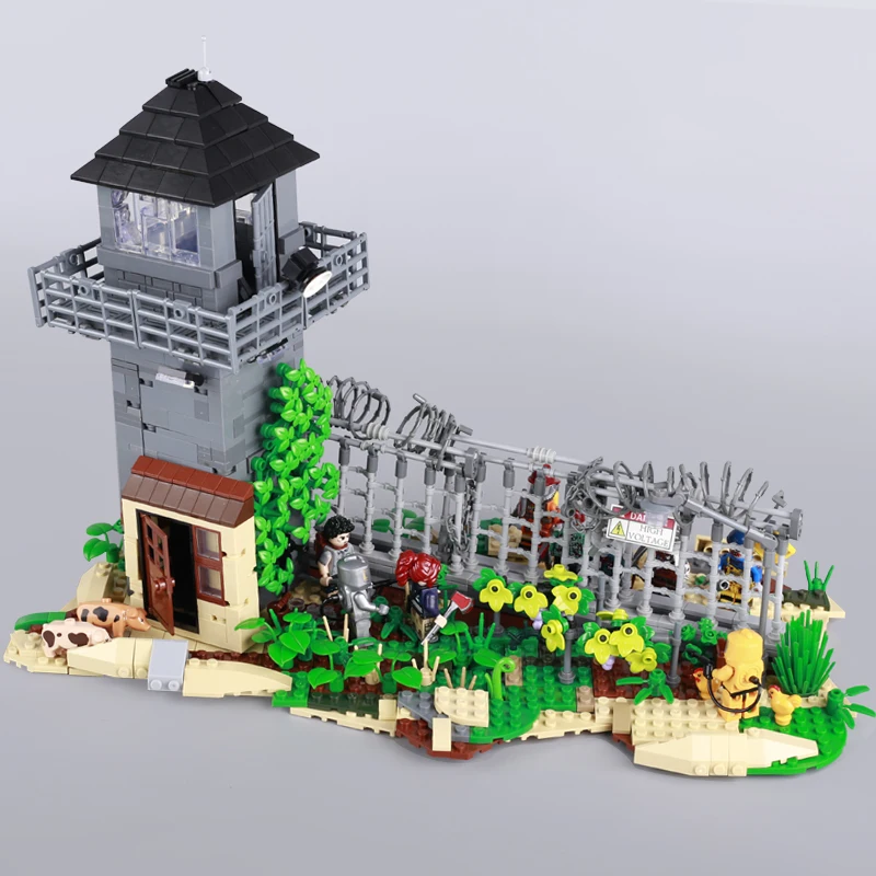 

MOC City Zombie Man Zai Ruins Scene Tower Fence Prison Building Small Particle Assembly Building Blocks Toy