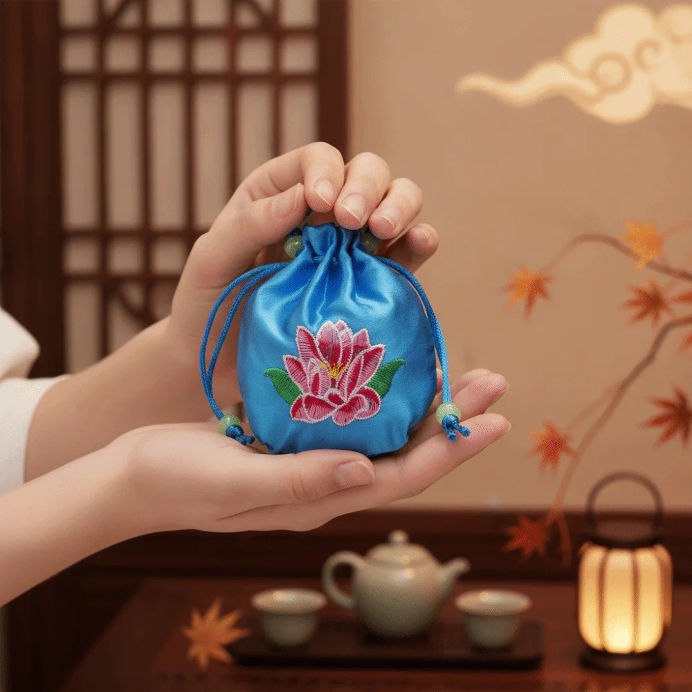 Lotus Embroidery Embroidered Sachet Drawstring Closure Silk Satin Lotus Drawstring Bag Mini Size Neck Strap