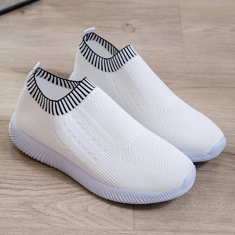 New Breathable Mesh Sneakers Women Summer Slip on Soft Bottom Running Shoes Woman Plus Size 43 Elastic Knit Casual Flats