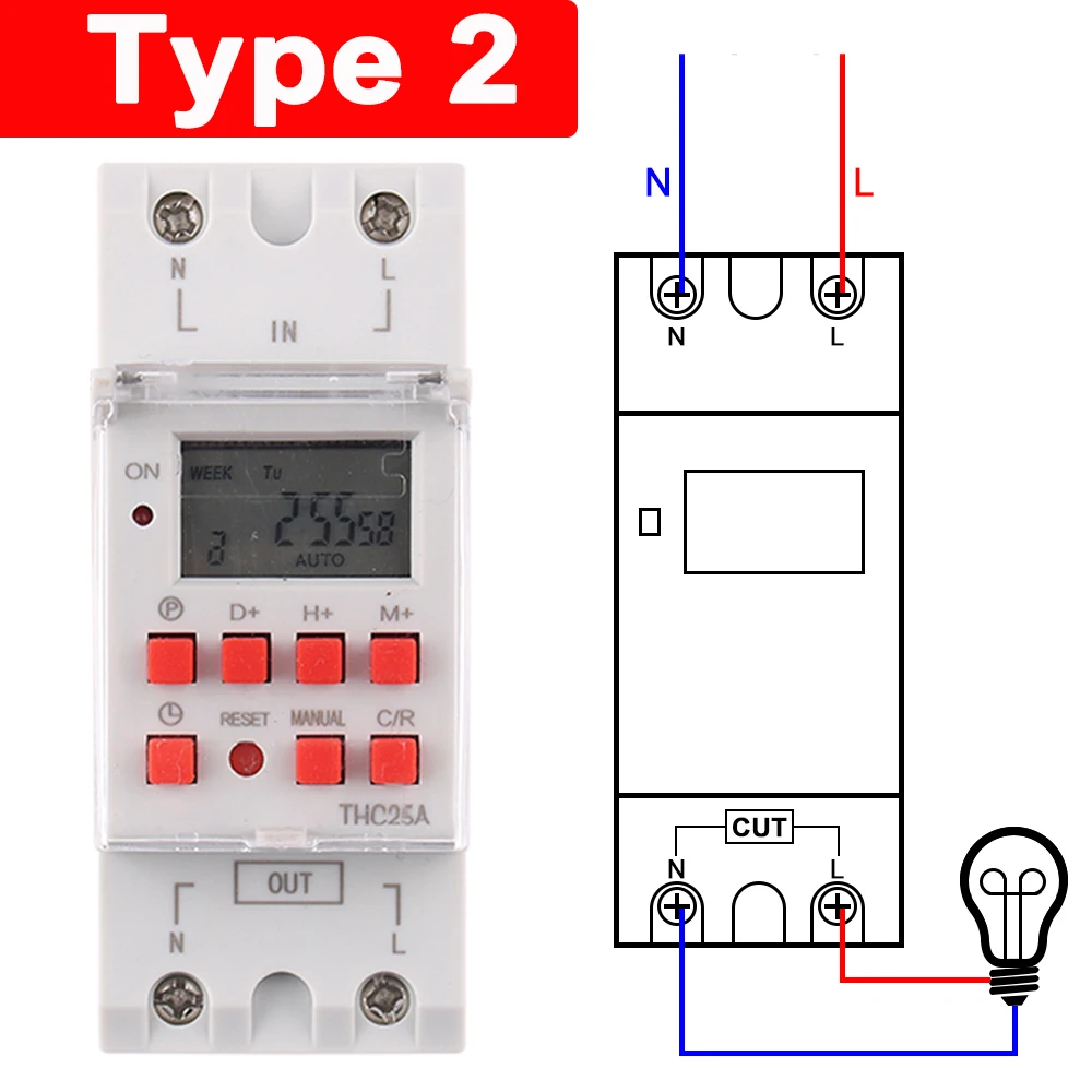 Red Time Switch Power Weekly Programme Electronic Timer Switch Digital Timer 220V 110V 12V 24V Din Rail Mount 35mm 25A