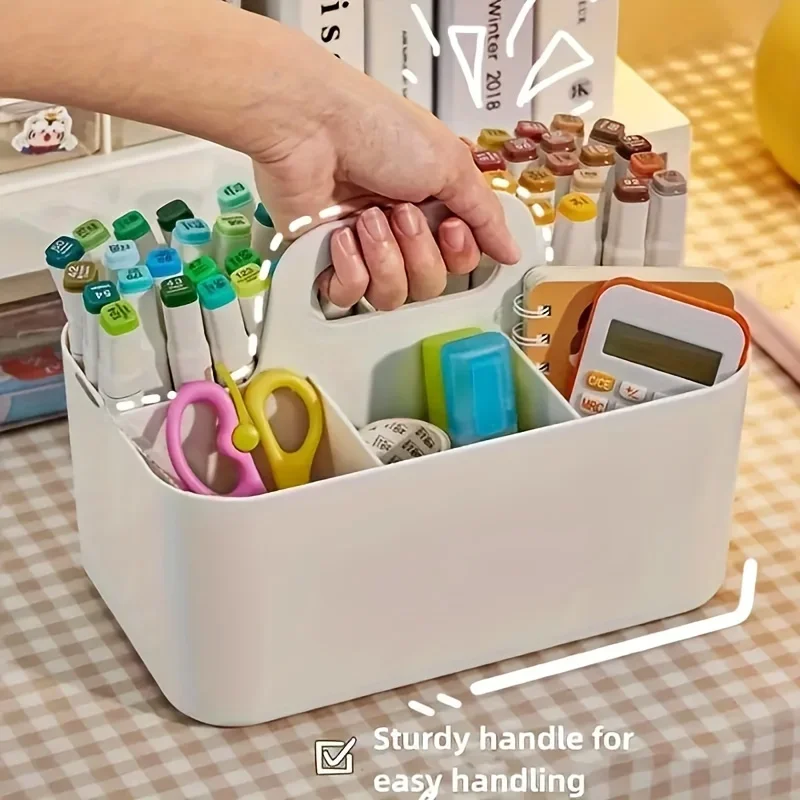 

1pc Plastic Basket With Handle, Portable Pencil Pen Stationery Box, Office Desktop Sorting Organizer With 5 Compartments