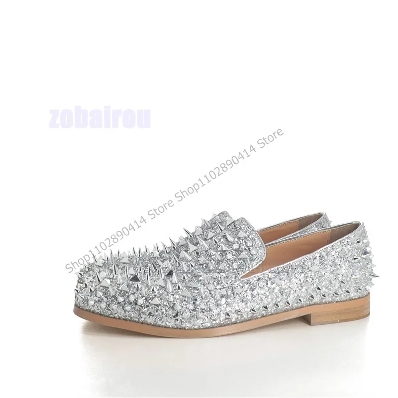 

Silver Rivets Decor Giltter Men Sneakers Fashion Slip On Men Casual Shoes Luxury Handmade Party Banquet Office Men Dress Shoes