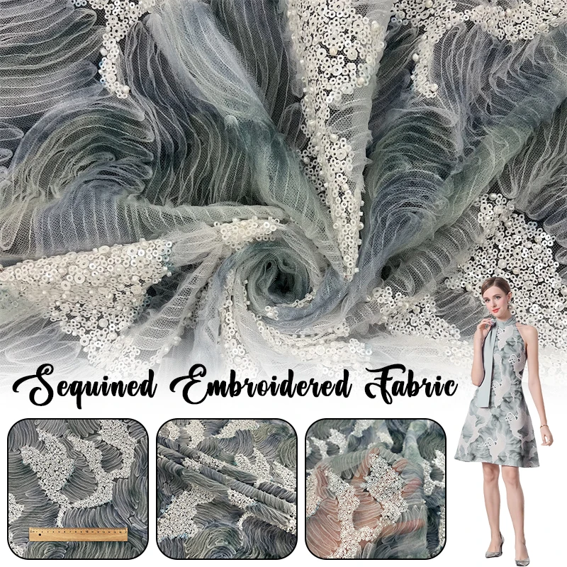 

Colorful Wave Sequins Embroidered Lace Fabric Top Quality Handmade Beads Embroidery Mesh Cloth for DIY Making Wedding Dress