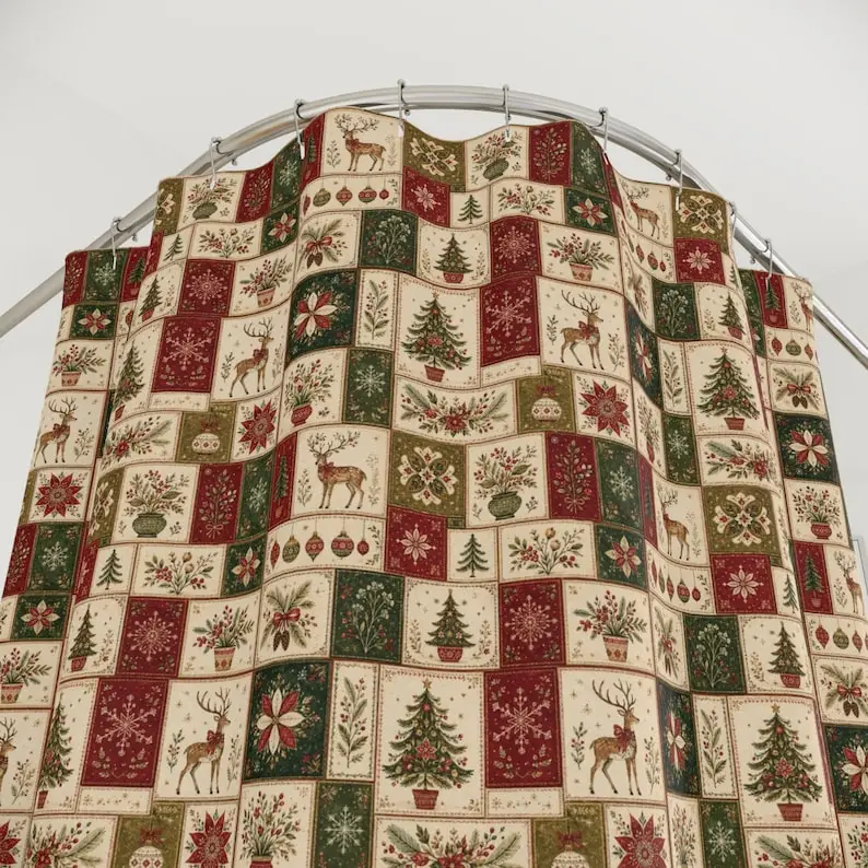 Christmas Faux Patchwork Shower Curtain, Vintage Farmhouse Holiday Bathroom Decor, Rustic Cottage Christmas Bath Curtain