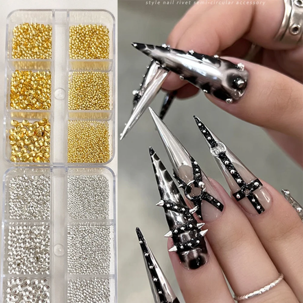 3200pcs Silver Gold 0.8-3mm Flat Back Round Micro Manicure Beads Size Mixed Nail Beads Half Round Rivets for DIY Y2K Charms