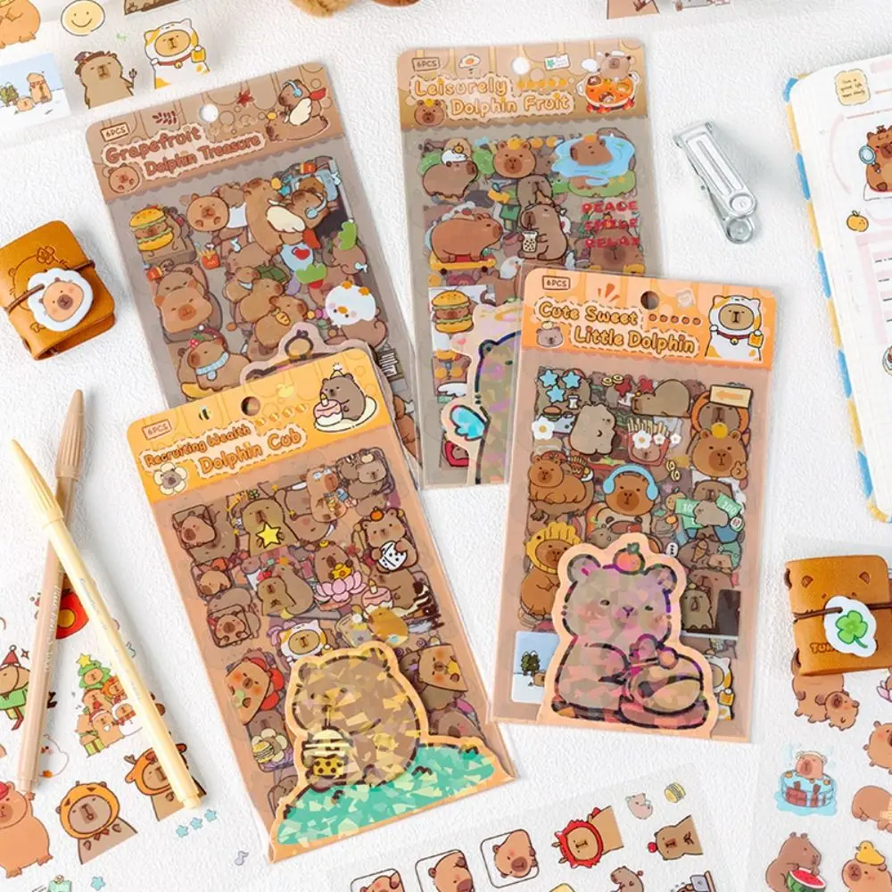 6 Pcs/Bag Cute Capybara Hand Ledger Stickers Cartoon Animal Aesthetic Scrapbooking DIY Material Creative Waterproof