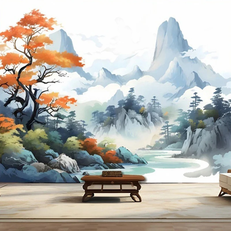 Customized Size Photo Mural Chinese Style Natural Landscape Tree Mountain Pattern Wallpaper Home Decor Background Painting 3D