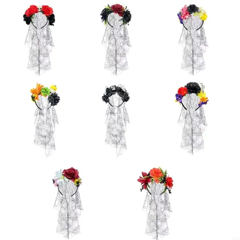 

L5YC Skeleton Hand Skull Veil Hairband with Dark Flower and Lace Veil For Adult Teens Halloween Party Head Accessories
