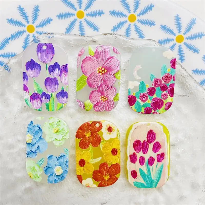 New style 50pcs/lot cartoon flowers pattern print geoemtry rectangle shape acrylic beads diy jewelry earring/garment accessory