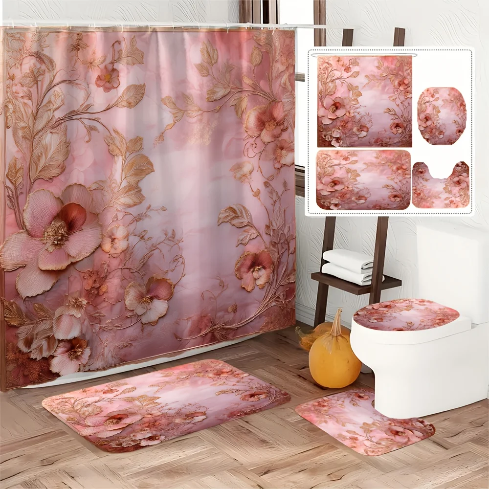 

4pc Bathroom set featuring floral and intricate leaf patterns, including hooks, bathroom mat, U-shaped mat, and toilet mat.