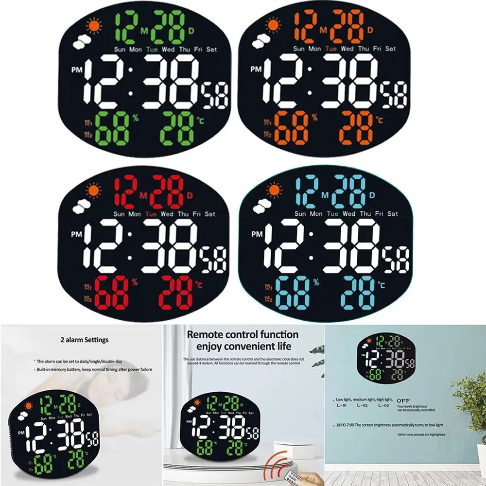 

Multi-functional Large Display Digital Clock Mirrored Auto Dimming LED Wall Clock Two Alarm Set Remote Control