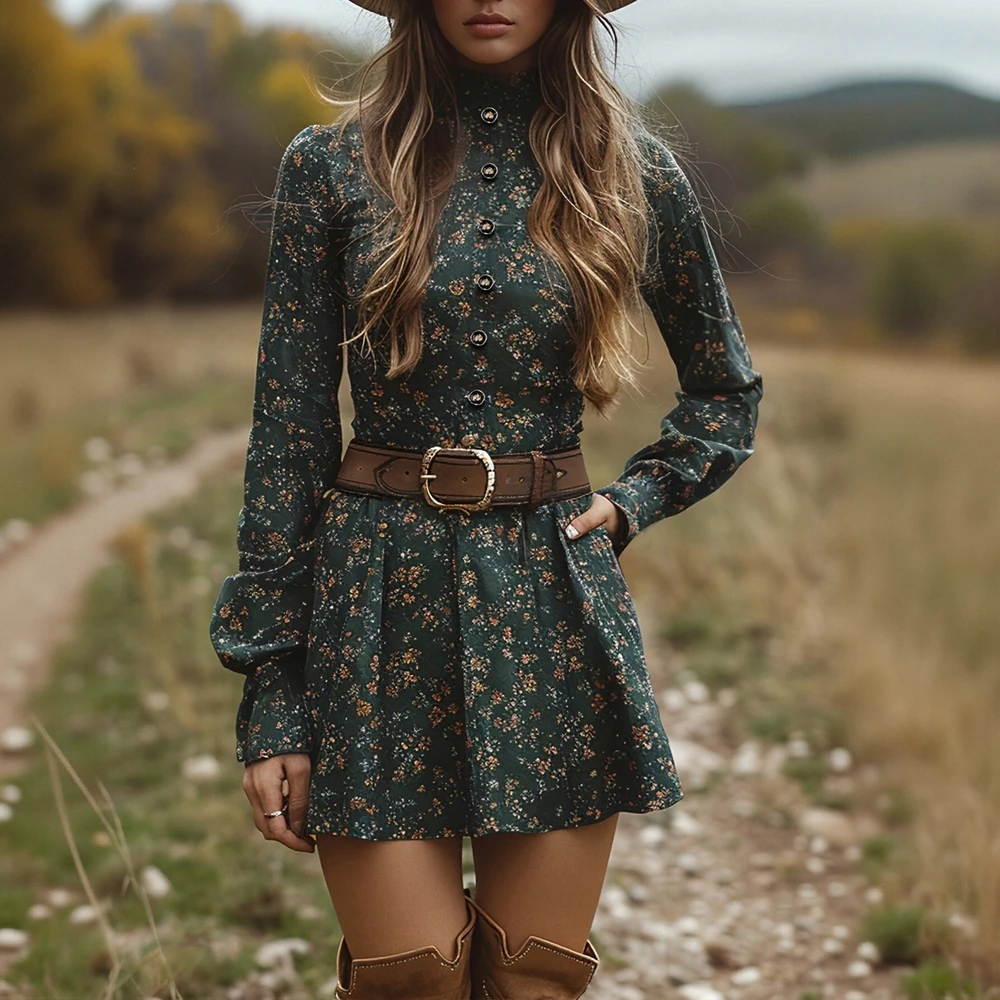 Autumn Women's Mid-Length A-Line Dress with Straight Sleeves and Round Neckline European Style Body-Fitting Dress